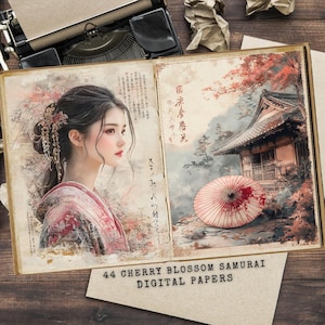 Cherry Blossom Samurai Journal Pages - Aziatisch digitaal papier - Vintage Scrapbooking - Afdrukbare kortstondige - vintage Japanse kortstondige