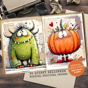 May include: Open book with quirky Halloween-themed illustrations. One page features a green monster with horns, the other an orange pumpkin with legs. Text reads "95 Quirky Halloween Digital Vertical Papers" and "Vertical Single Pages Individual Pages."