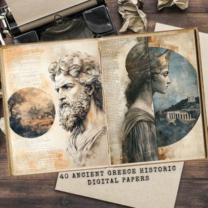 40 papiers numériques fantastiques historiques de la Grèce antique avec des créatures mythiques, des ruines, des temples pour des journaux indésirables, des albums éphémères imprimables