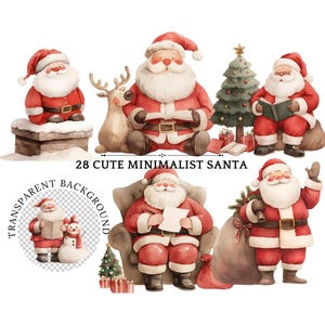 Colección de 28 lindas imágenes prediseñadas de Papá Noel minimalistas PNG / Papá Noel navideño con renos, árbol y regalos para tarjetas, álbumes de recortes / Transparente