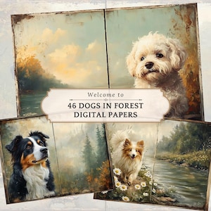 Hund Junk Journal Kit - Vintage Scrapbook Papiere - Welpe Ephemera - Druckbare Decoupage Seiten - Hund Junk Journal Kit - Hund im Wald