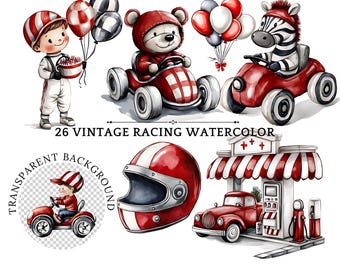 Clipart de aquarela de carro de corrida vintage: carros de corrida PNG (download digital)