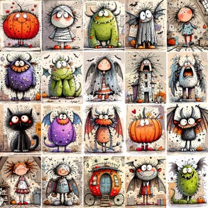 May include: A collage of whimsical Halloween-themed illustrations. Each image features a unique cartoon monster or character, including a pumpkin, a mummy, and various creatures with horns, wings, and expressive faces. The artwork has a textured, vintage style.