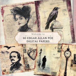 Può includere: Una collezione di carte digitali in stile vintage con illustrazioni e ritratti. Le carte includono immagini di un corvo, una donna ed Edgar Allan Poe, con il testo "Welcome to 40 Edgar Allan Poe Digital Papers."