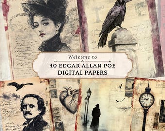 40 Junk Journal Kit | Edgar Allan Poe | The Raven | Victorian Gothic Fall | Halloween | Black Red | My Porch Prints | Digital Download