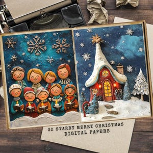 Journal indésirable joyeux Noël de la nuit étoilée | Papiers pour collage technique mixte | Pages de journal imprimables de style 3D | Papiers de journalisation Fabrication de cartes