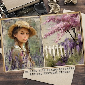 Junk Journal imprimable Anne, kit de création vintage, téléchargement numérique, pack d'éphémères cottage ferme, fille avec des tresses, fleurs de lavande
