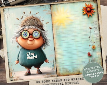 Hippie Old Lady Junk Journal-pagina's: digitale kunst grappige oma (JPG-download: 11 x 8,5 inch)