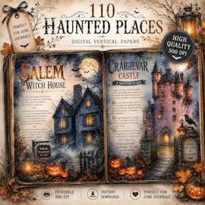 Pode incluir: Uma coleção digital de 110 papéis verticais de lugares assombrados, apresentando um livro aberto com ilustrações da Salem Witch House e do Castelo de Craigievar, cercado por abóboras, folhas de outono e lanternas.