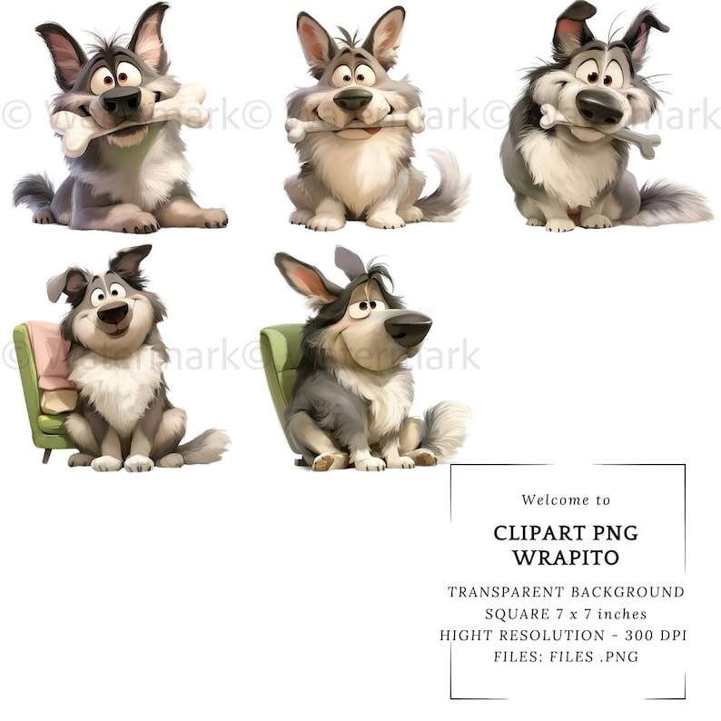 May include: A collection of cartoon dog illustrations in various poses. Some dogs hold bones, while others sit on a green chair. The dogs are gray and white with expressive faces. The image includes text that says "CLIPART PNG WRAPITO".