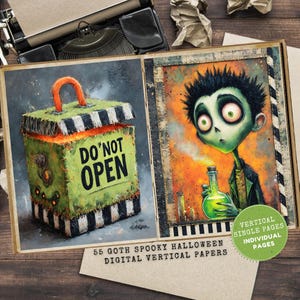 Puede incluir: Ilustración digital con una caja verde con el texto "DO NOT OPEN" y un zombi de dibujos animados con una poción verde. Forma parte de una colección de 55 papeles digitales verticales góticos de Halloween.