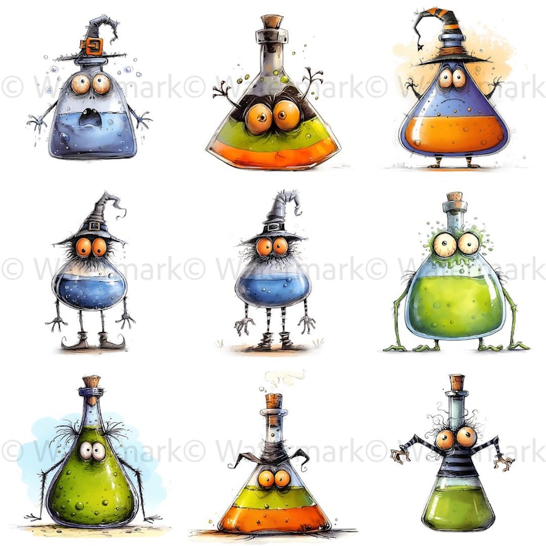 May include: A collection of nine cartoon potion bottles with expressive faces and witch hats. The bottles contain colorful liquids in shades of blue, green, orange, and yellow. Each bottle has a unique design, with some featuring arms and legs.