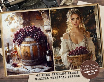 Peut inclure: Papiers verticaux numériques pour la dégustation de vin, avec une femme tenant un panier de raisins et un tonneau de vin avec des raisins. Le texte dit "62 Wine Tasting Pages Digital Vertical Papers."