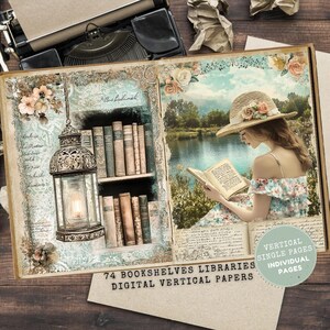 Puede incluir: Una página de scrapbook digital con un tema vintage. Presenta a una mujer leyendo junto a un lago, una estantería y una linterna colgante. El texto dice "74 Bookshelves Libraries Digital Vertical Papers" y "Vertical Single Pages Individual Pages".