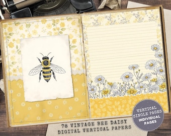 Vintage Bee Daisy Junk Journal Kit: Floral Printable Ephemera Pages For Scrapbooking (Digital Download)