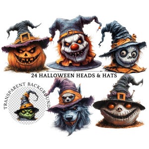 24 Clipart de Cabeças e Chapéus de Halloween para Designs de Sublimação | Abóboras Assustadoras, Palhaços, Lobisomens, Bruxas e Caveiras em PNG Transparente