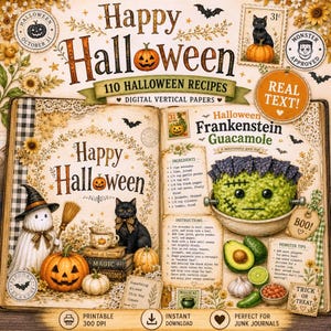 Kit de diario de recetas de Halloween, páginas de libro de cocina de brujas, artículos de repostería espeluznantes, dulces y pociones de Halloween.
