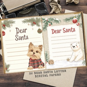 Afdrukbare brief Christmas Dear Santa, vakantiedagboek kit met rendier, sneeuwpop, geschenken, vintage kerstbriefpapier, instant dons