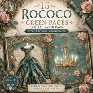 Rococo Emerald Junk Journal Paper: Baroque Gold Frames Pages Collage Style (Digital Paper)