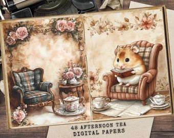 May include: Two digital paper designs featuring a vintage aesthetic. The left side shows a plaid armchair in a room with a floral arrangement and a teapot. The right side shows a hamster sitting in a plaid armchair reading a book with a cup of tea and a book on a table.