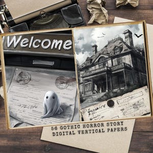 Kit de diario basura de casas embrujadas, páginas de Halloween de cómic gótico, efímeras vintage, páginas de álbum de recortes gótico, collage digital imprimible