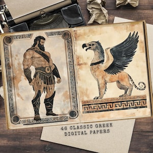 46 papiers numériques classiques du journal indésirable grec avec des figures mythologiques, des symboles anciens, des motifs de clés grecques, pour l'artisanat historique, un album de scrapbooking