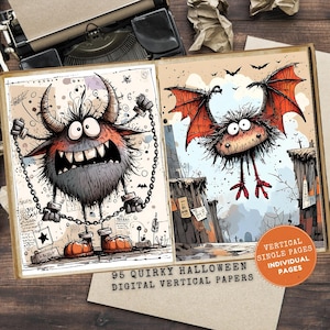 May include: A pair of digital vertical papers with quirky Halloween illustrations. One shows a chained monster, the other a bat-winged creature. The text reads "95 Quirky Halloween Digital Vertical Papers" and "Vertical Single Pages Individual Pages".