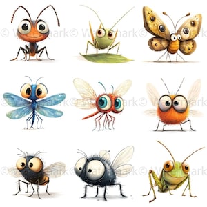 May include: Nine cartoon insects with large eyes and bright colors. The insects include a red ant, a green grasshopper, a brown butterfly, a blue dragonfly, a red dragonfly, a fuzzy orange fly, a black fly, and two green grasshoppers.