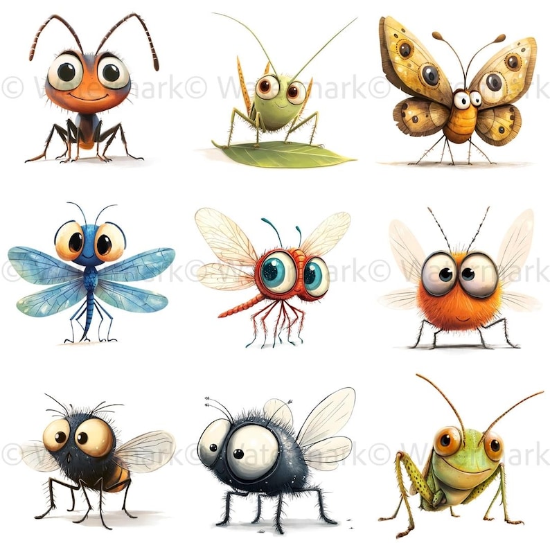 May include: Nine cartoon insects with large eyes and bright colors. The insects include a red ant, a green grasshopper, a brown butterfly, a blue dragonfly, a red dragonfly, a fuzzy orange fly, a black fly, and two green grasshoppers.