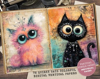 Quirky Cat Junk Journal Kit: vintage kittenkaarten (digitale download)