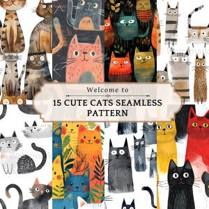 Padrões sem costura de gatos Kawaii JPG Padrão sem emenda em aquarela, padrão de gato sem costura, padrão de repetição para design de tecido, papéis, gato digital
