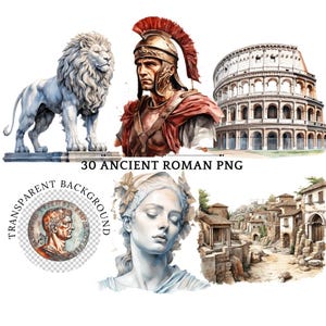 Roman Empire Clipart PNG, digitale Aquarell-Illustration der antiken römischen Architektur, Soldat, Frau, Kolosseum für Scrapbooking, Kunsthandwerk