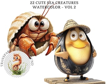 Clipart de criaturas marinhas em aquarela – Conchas e pérolas PNG (download digital)