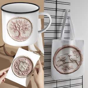 May include: Three white items with pink and white raised designs. A mug with a tree design, a tote bag with two birds on a branch design, and a card with a coat of arms design.