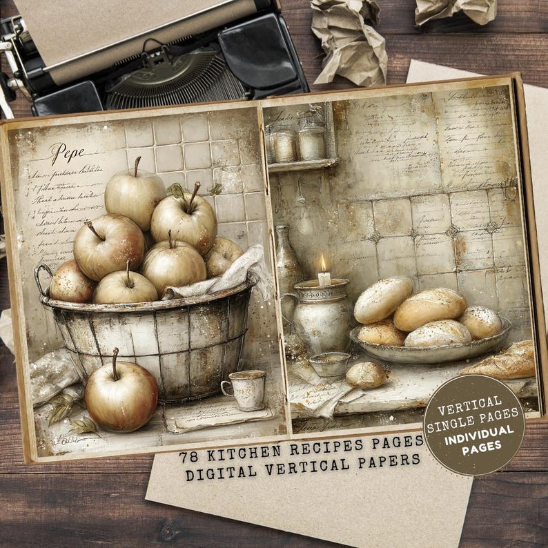 May include: A digital paper set with a vintage kitchen theme, showing apples in a metal basket, bread, and a lit candle. The text reads "78 Kitchen Recipes Pages Digital Vertical Papers".