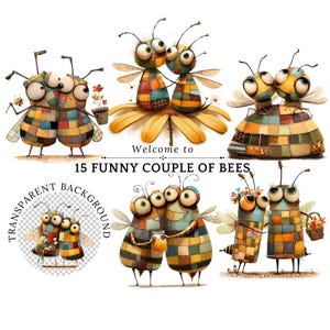 Image clipart couple d'abeilles originales pour pages de journaux indésirables, animaux originaux au format PNG, scrapbooking imprimable, kit abeille drôle, ruche à collage numérique