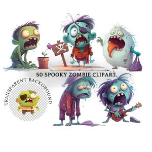 Zombie Clipart, Scary Halloween Illustrations, Digital Download PNG, Cute Zombie Characters for Crafts