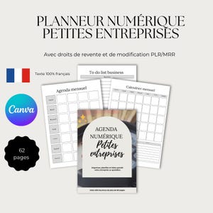 Peut inclure: Un planificateur numérique pour petites entreprises avec le texte "PLANNEUR NUMÉRIQUE PETITES ENTREPRISES". Comprend un agenda mensuel, une liste de tâches et un calendrier. Le logo Canva et le drapeau français sont également visibles.