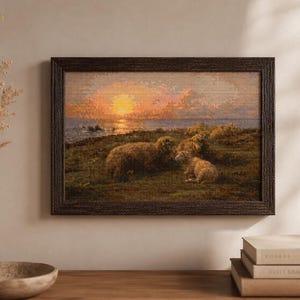 Modèle de point de croix « Moutons au bord de la mer » | Grille artistique champêtre côtière au coucher du soleil (Téléchargement PDF)