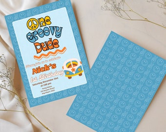 May include: A blue and white invitation with a groovy font that says "One Groovy Dude" and a psychedelic van. The invitation is for Nick's 1st birthday party.
