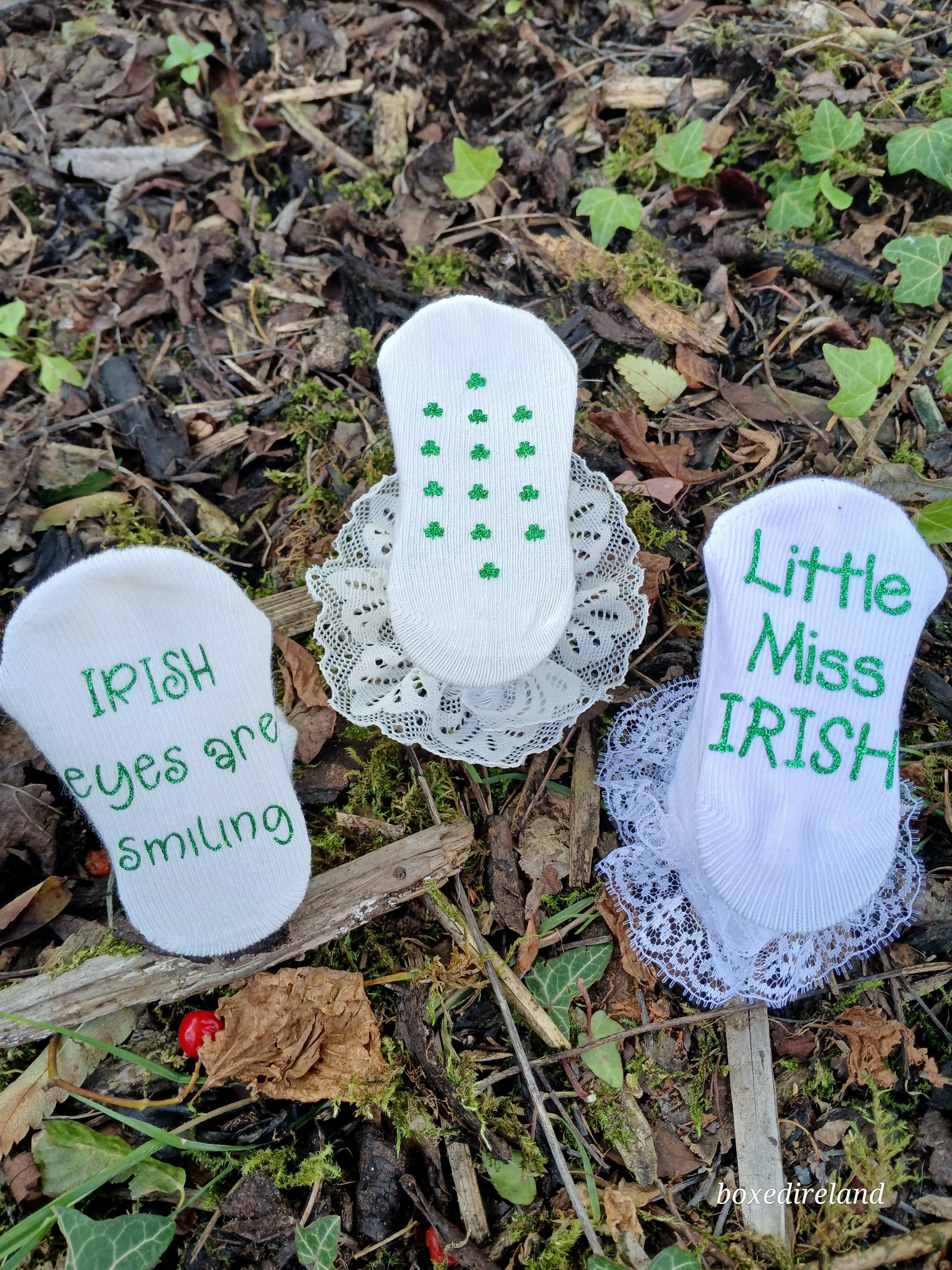 Baby Girl, Baby socks . 3 pairs of Irish/Shamrock themed white and emerald green socks. Baby girl gift. Baby shower - Free UK delivery.