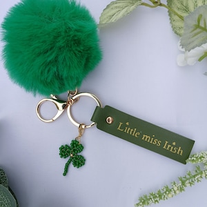 Bespoke Handmade little miss Irish green pom pom keychain with beaded Shamrock charm .Keyring . Irish key ring .  Free UK delivery.