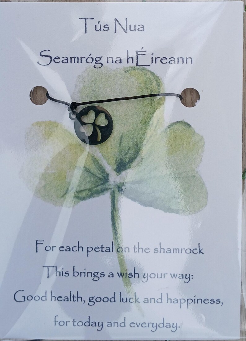 Tús Nua , New Beginning Irish Shamrock Charm Bracelet With Verse . Free