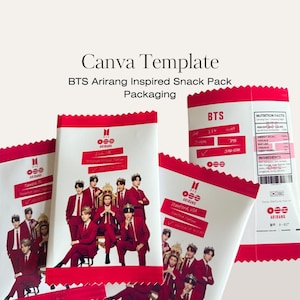 Puede incluir: Una plantilla de Canva para el empaque de snacks inspirado en BTS Arirang. El diseño presenta una combinación de colores rojo y blanco con imágenes de los miembros de la banda con trajes rojos. El empaque incluye texto como "BTS", "Arirang" e información nutricional.
