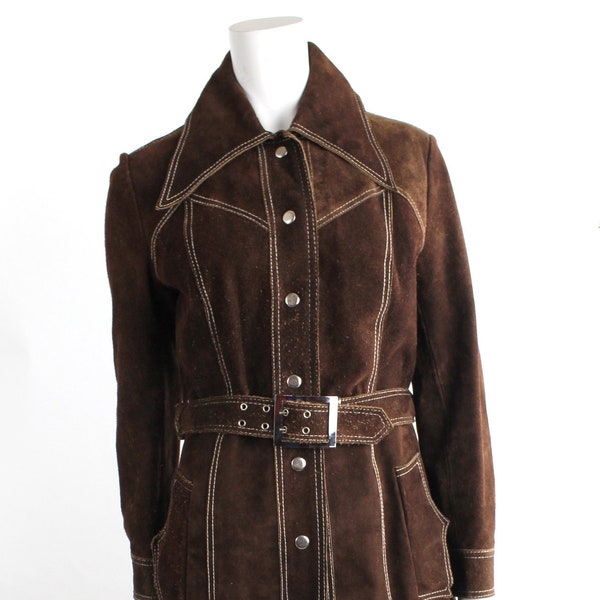 Vintage 1970s Leather Coat | Pointed Collar Suede Belted Coat | 70s Brown Suede Trench with Zigzag Shoulder Yoke | S-M