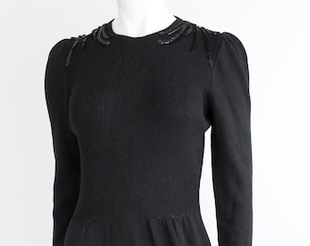 Vintage ST JOHN Knit Dress | Santana Knit Dress | Black Sweater Dress with Sequin Shoulders | S