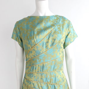 1960s Curved Dart Hourglass Dress Vintage Sateen Damask Sheath Floral Cocktail Dress L image 2