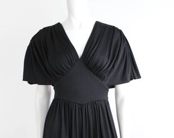 Vintage 1970s Nylon Jersey Dress | Plunging V-neck Maxi Dress | The Lysistrata Draped Flutter Sleeve Long Dress | xxs - xs