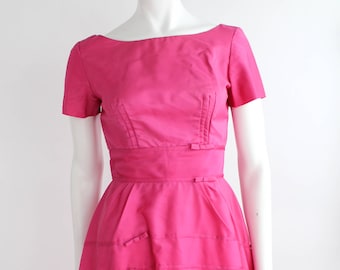 Vintage 1950s Emma Domb Dress | Bright Pink Nylon Taffeta Fit + Flare Dress | XXS