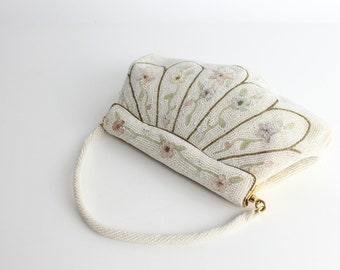 Vintage 1950s Beaded Handbag | Rolled Handle Beaded Bag | Scalloped Microbeaded Purse | Made in Japan
